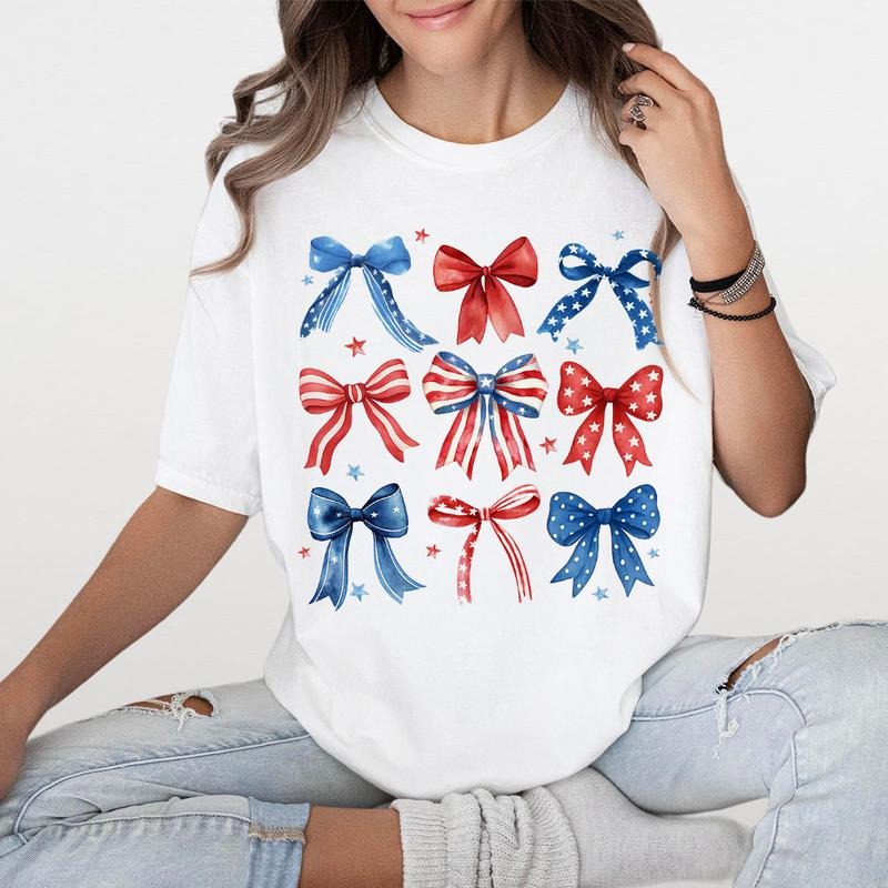 Coquette America Bow Shirt for July 4th, Patriotic Bow TShirt for Women, Independence Day Outfit, Girly USA Bow Top, Memorial Day TShirt, Red White and Blue Tee