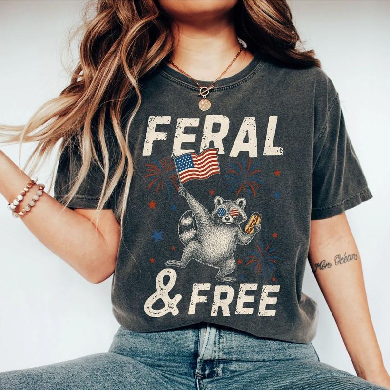 Feral and Free Raccoon Tshirt, Funny Raccoon Shirt, Retro 4th of July Shirt, Independence Day Tee for Women, Girly Patriotic Outfit, Freedom Vibes