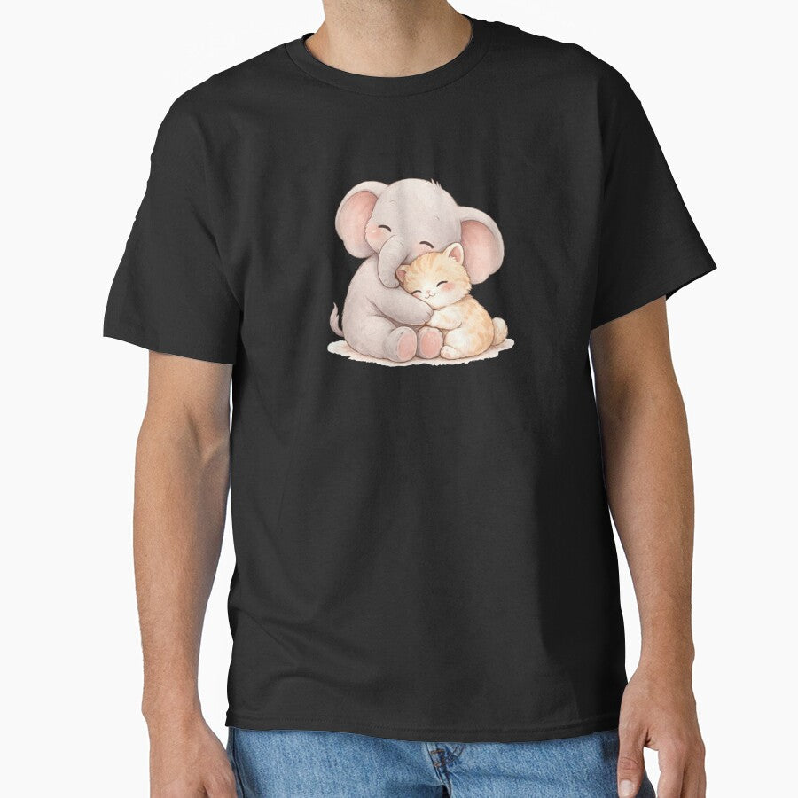 Kawaii Elephant & Kitten Cozy Hug — Soft Pastel Cute Animal Illustration by Smile-AlNo Unisex T-shirt, Sweatshirt, Hoodie, Long Sleeve Tee