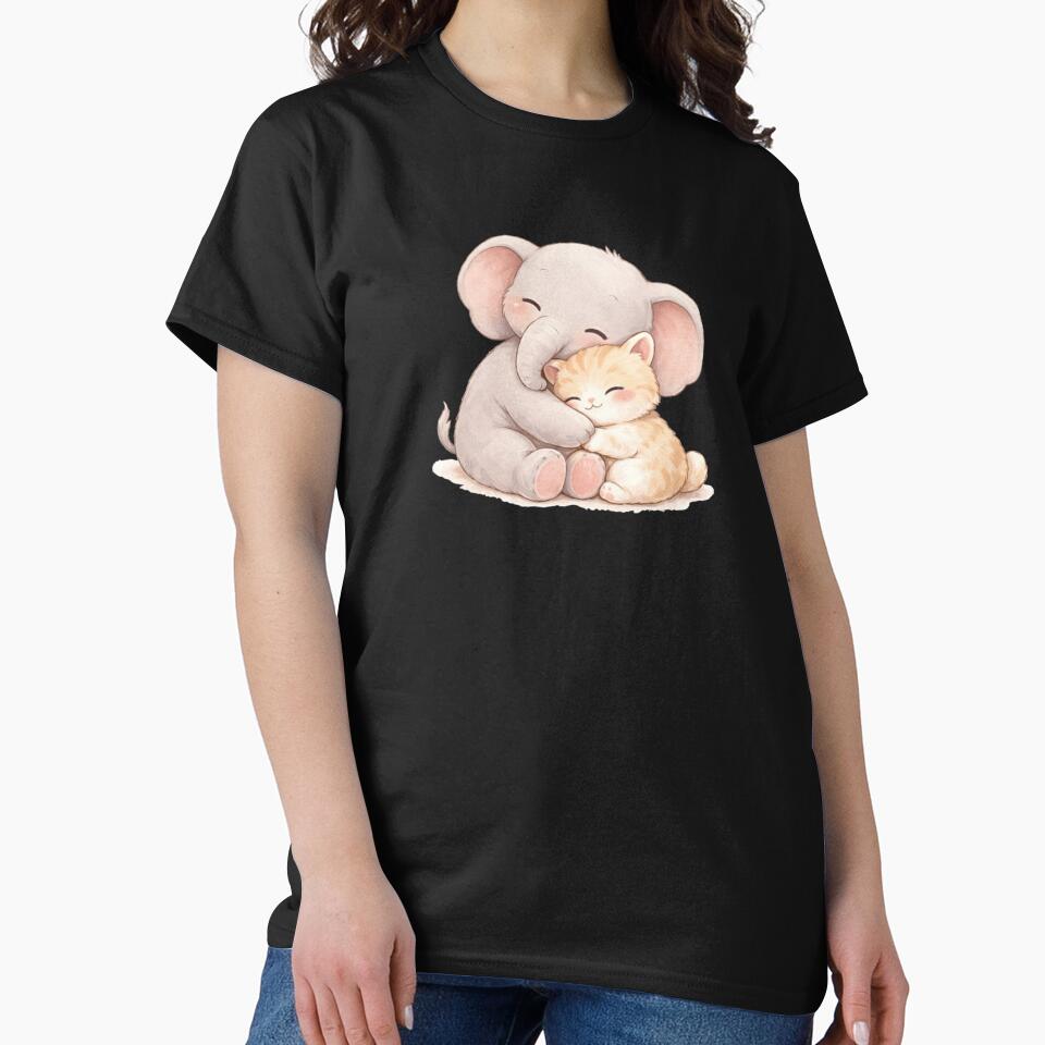 Kawaii Elephant & Kitten Cozy Hug — Soft Pastel Cute Animal Illustration by Smile-AlNo Unisex T-shirt, Sweatshirt, Hoodie, Long Sleeve Tee