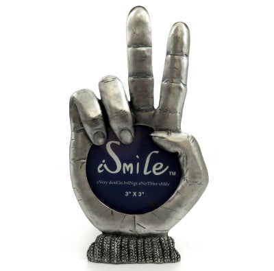 Pewter picture frame in the shape of a hand holding its pointer finger and middle finger up forming the 'peace sign' pf41