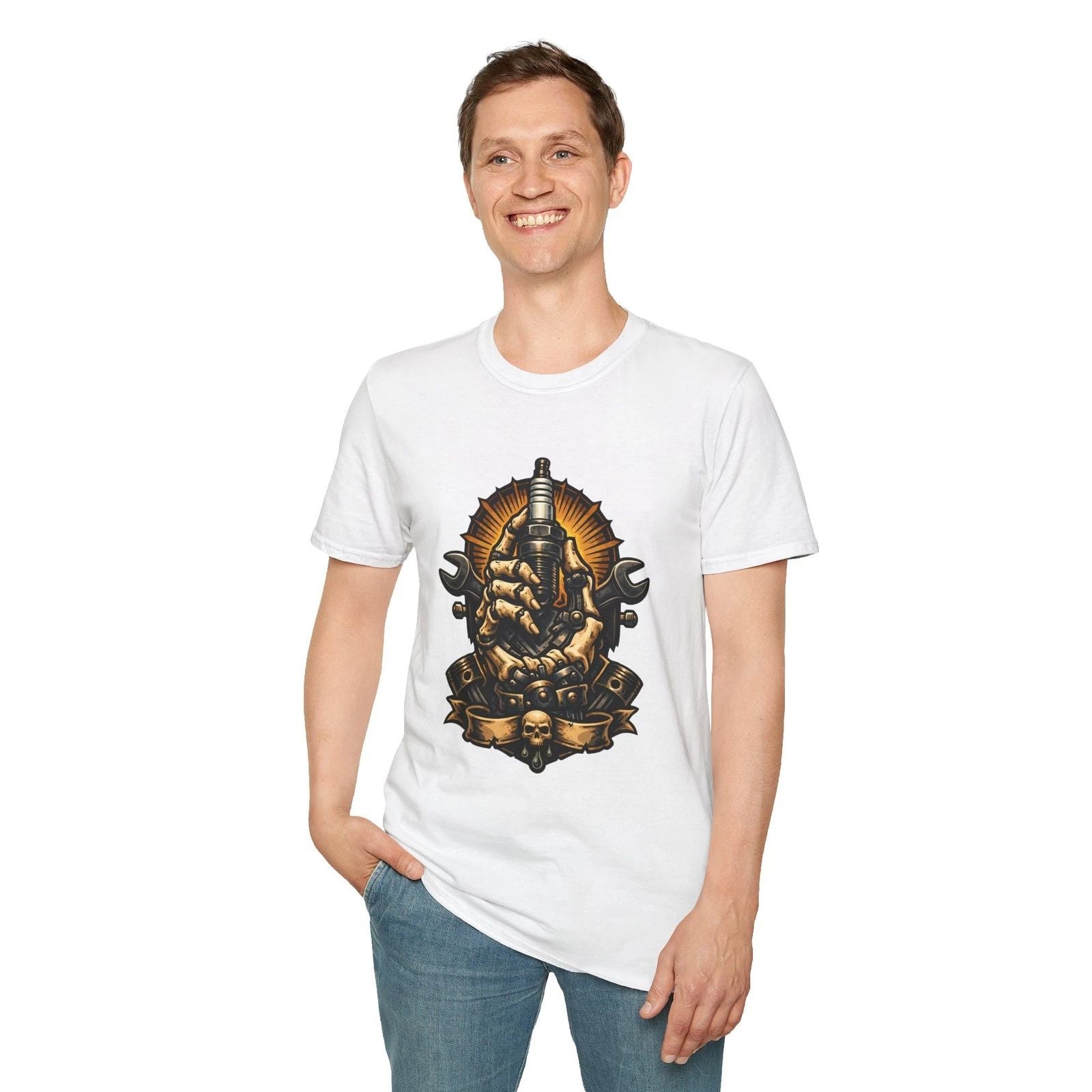 Skeleton Hand Mechanic Spark Plug Dark Fantasy Garage Unisex Softstyle T-Shirt Unisex T-shirt, Sweatshirt, Hoodie, Long Sleeve Tee
